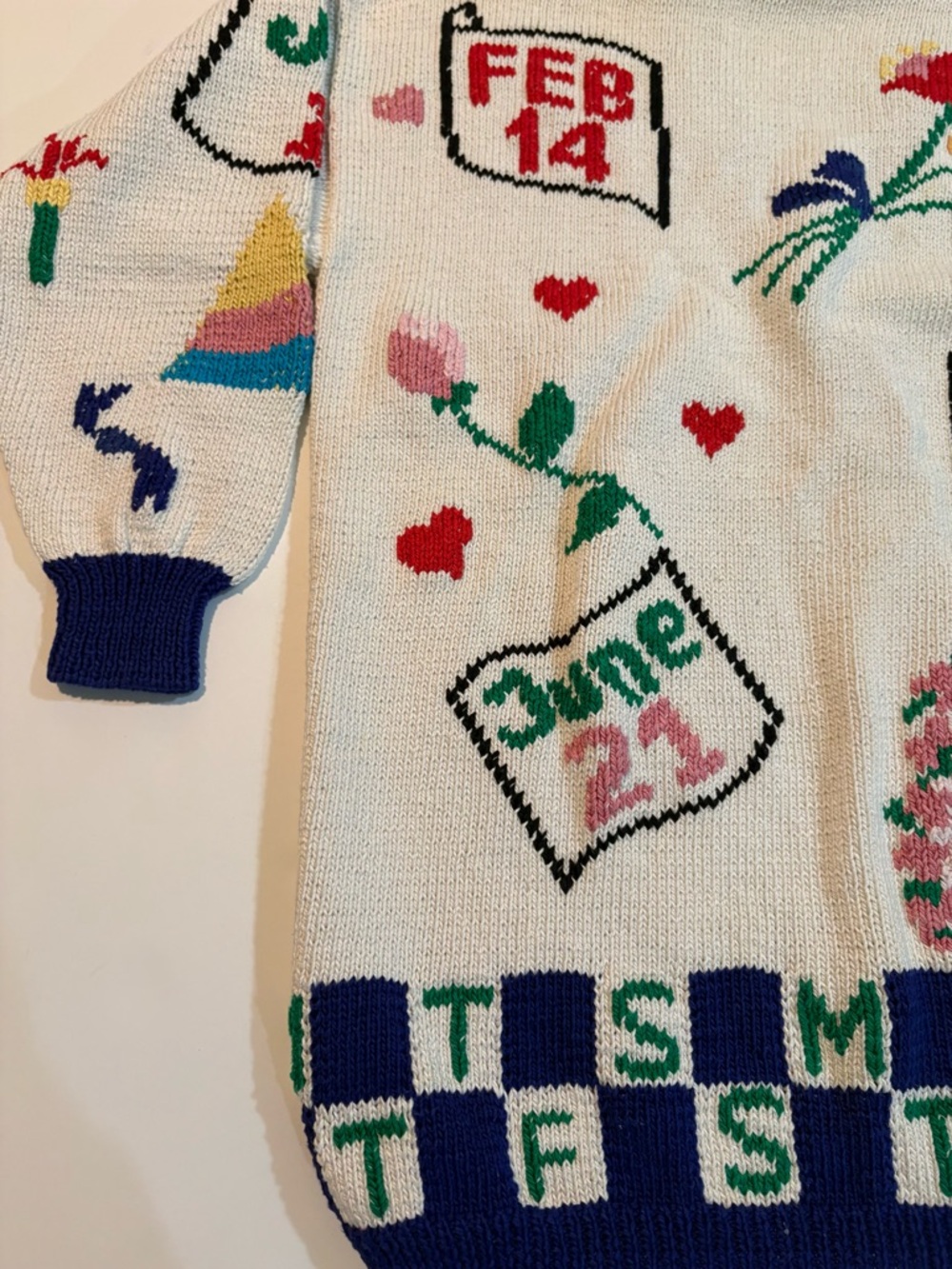 VINTAGE | Hand-Knit Holiday Calendar Cardigan - Cream with Navy Trim - Picture 9 of 12